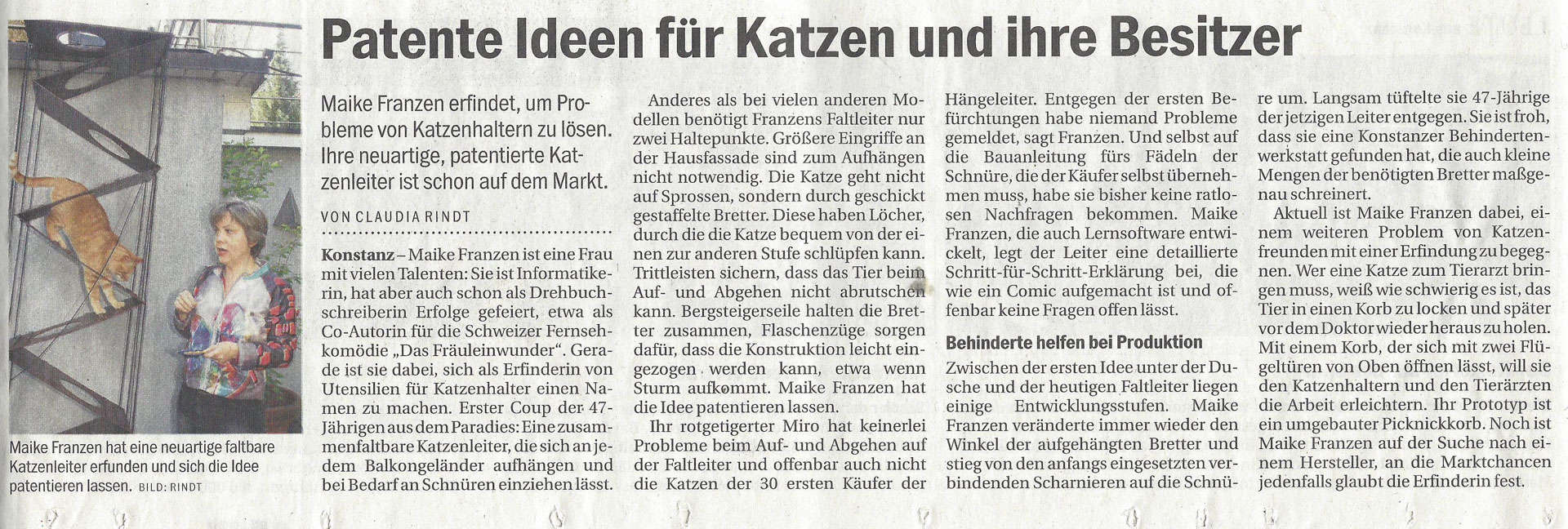 Erster Artikel im Südkurier zur faltbaren Katzentreppe